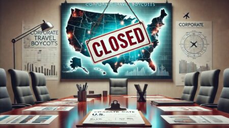 AI generated illustration of an empty board room. A map of the United States on the wall with a large "CLOSED" sign hanging in front it.
